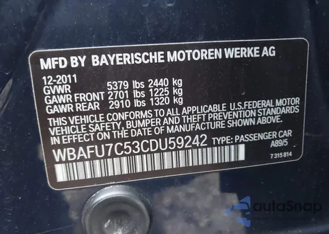 2012 BMW 535I xDrive from USA, damaged, VIN WBAFU7C53CDU59242